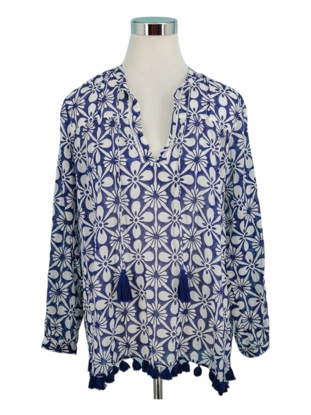 Roller Rabbit Blue White Floral Tassel Blouse Boho Block Print Tunic Top Size M